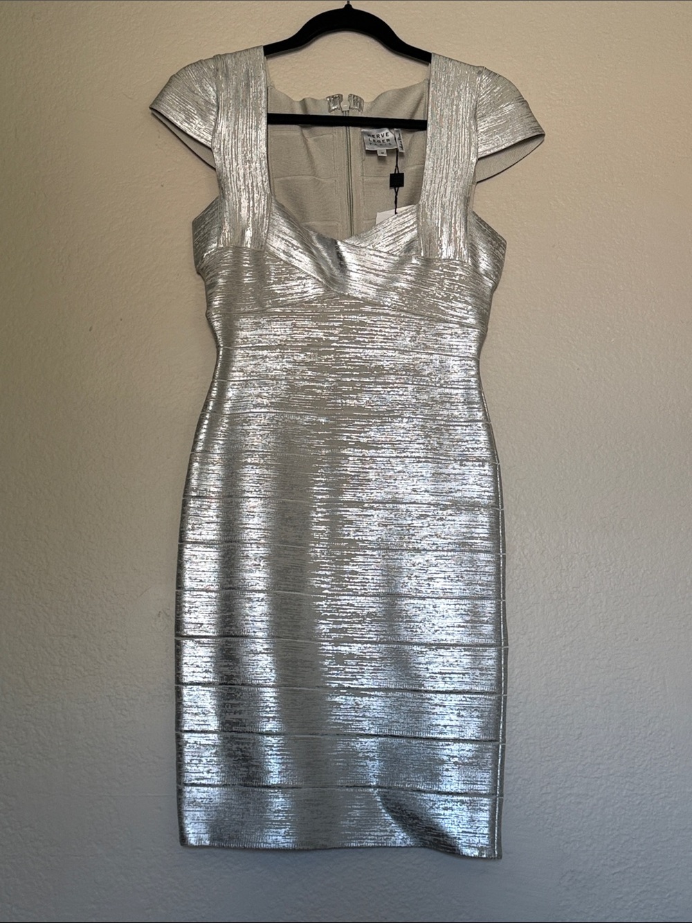 Brand New Herve Leger Mini Dress in Silver Foil Color Size M